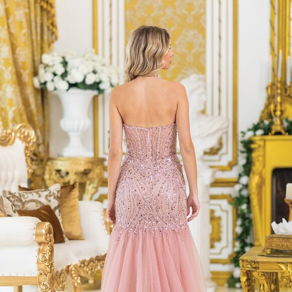 New Strapless Sequins Embellihsed Prom Dress w/ Deep V-Neck & Leg Slit DQ 4468 - Picture 4 of 9